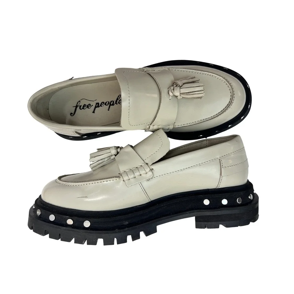 Free People Lug Sole Loafers Womens 7.5 Cream Excellent‎ Studded Tassel Platform